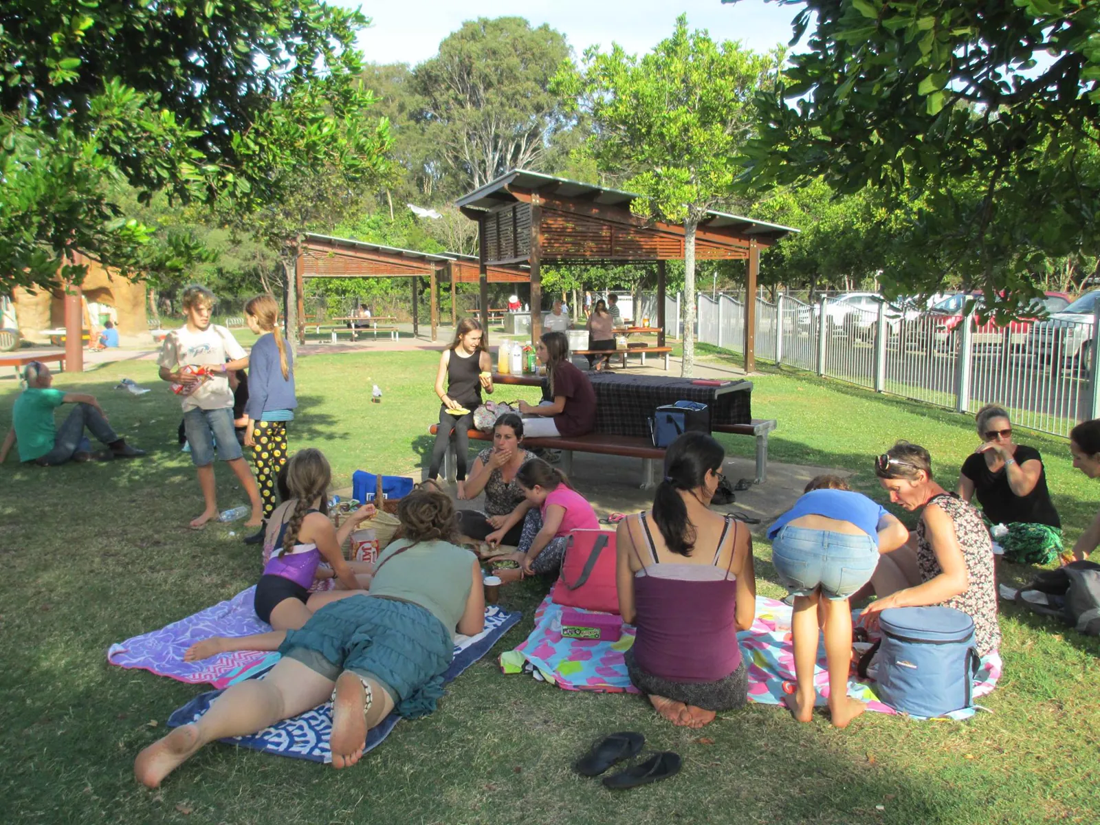 Families spread out on rugs and picnic tables in a park, children playing behind them