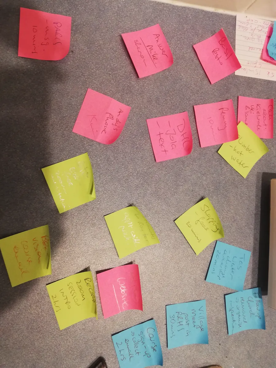 Handwritten post-it notes spread out across the carpet