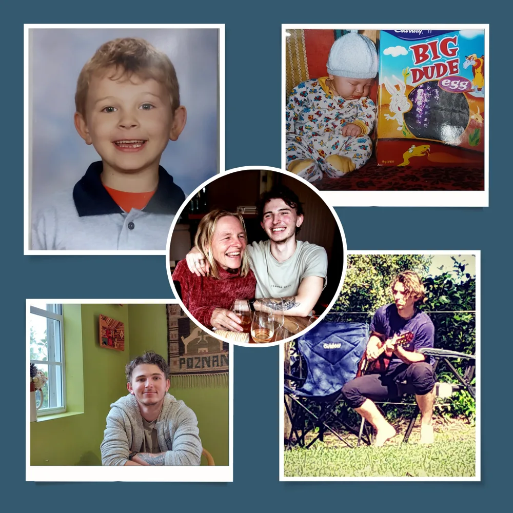 Her two sons as young children and as grown men, in five photographs